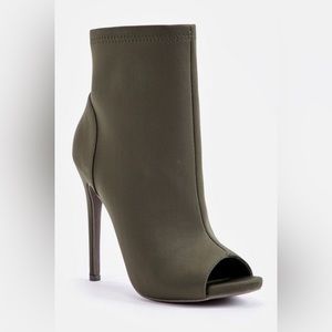 Olive Satin Peep Toe Booties
